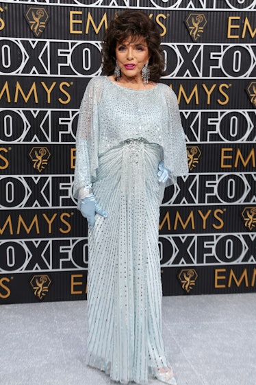 Joan Collins attends the 75th Primetime Emmy Awards at Peacock Theater on January 15, 2024 in Los An...