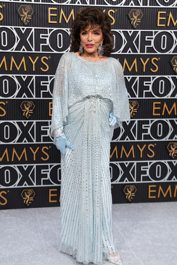 Joan Collins attends the 75th Primetime Emmy Awards at Peacock Theater on January 15, 2024 in Los An...