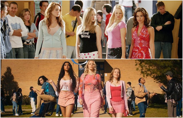The original 'Mean Girls' movie (top) has been adapted into a musical movie in 2024 (bottom).