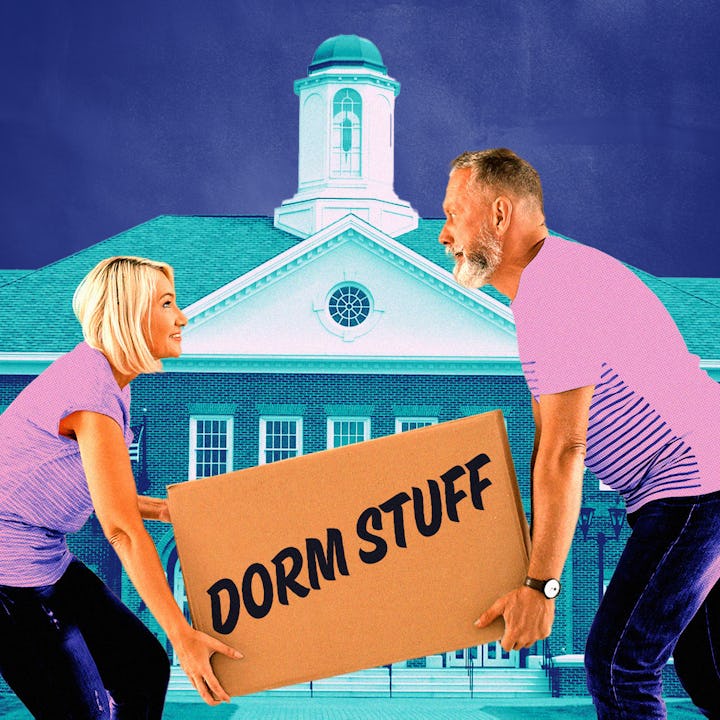 man and woman holding a moving box in front of college building