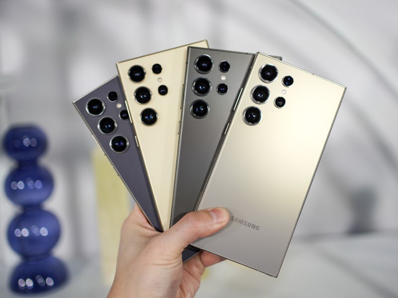 Samsung's new Galaxy S24 Ultra Android smartphone, shown here in four different colors, announced at...