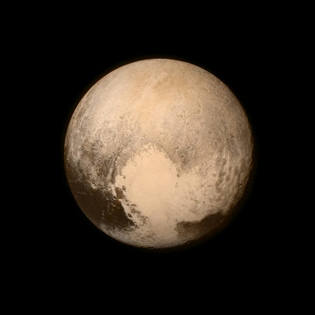 Pluto as seen from New Horizons spacecraft, 2015. Pluto nearly fills the frame in this image from th...