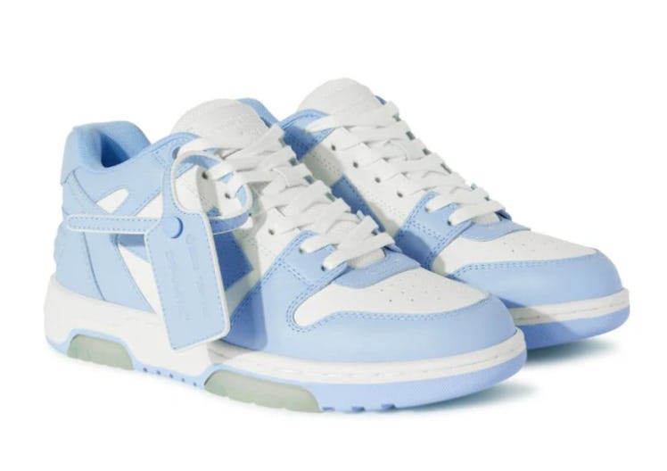 light blue and white leather sneakers