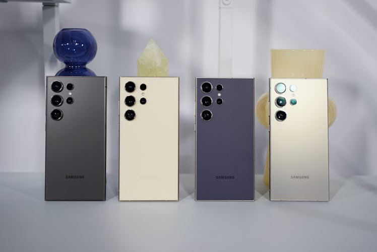 Samsung's new Galaxy S24 Ultra Android smartphone, shown here in four different colors, announced at...