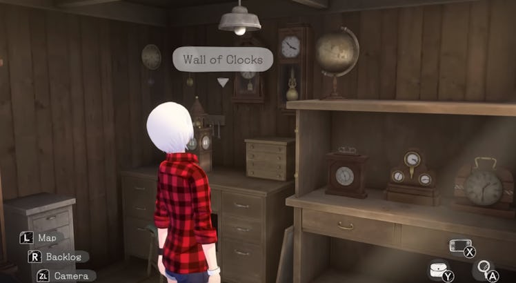 Ashley looks at a wall of clocks in Another Code: Recollection
