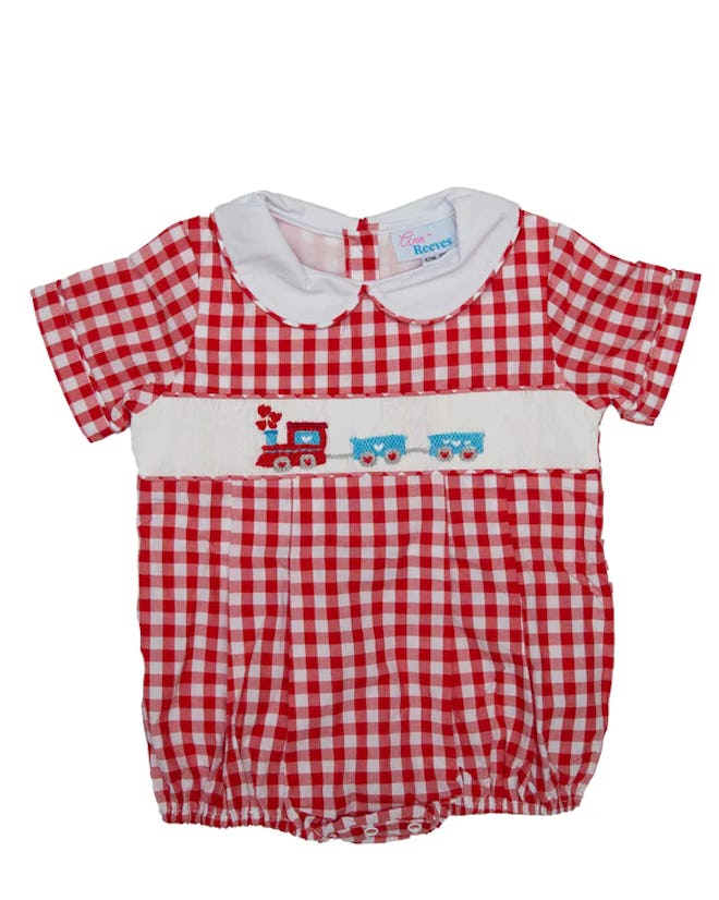 Train and red gingham patterned bubble romper, a cute first valentine's day outfit for boys.
