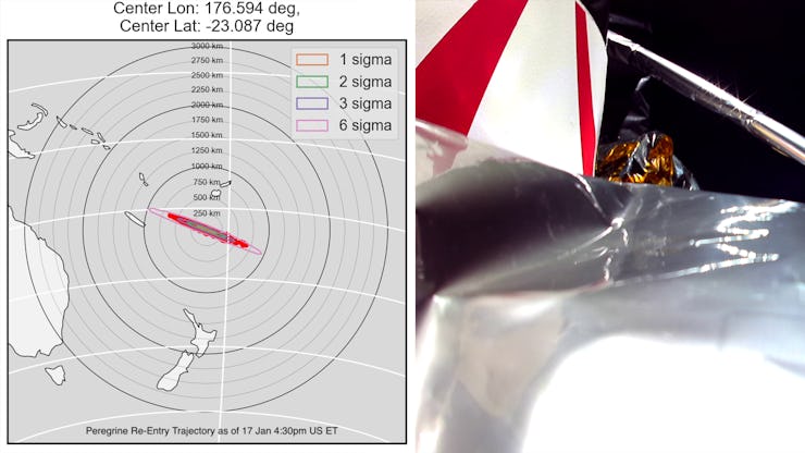 The approximate re-entry trajectory, plus a Peregrine lander selfie