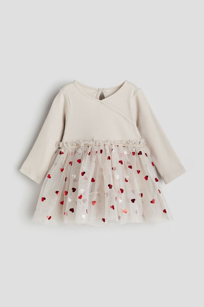 Beige baby dress with tulle skirt and metallic heart appliques, a cute baby's first valentine's day ...