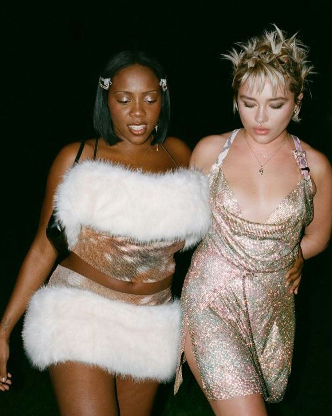 Rachel Chinouriri and Florence Pugh in the &ldquo;Never Need Me&rdquo; music video.