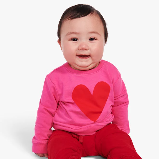 Red and pink Baby Cutout Heart Sweatshirt, a warm baby's first valentine's day outfit.