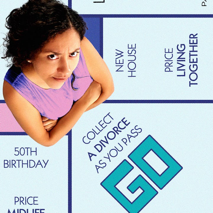 Woman frowning at a Monopoly-style board with divorce tile and other milestones