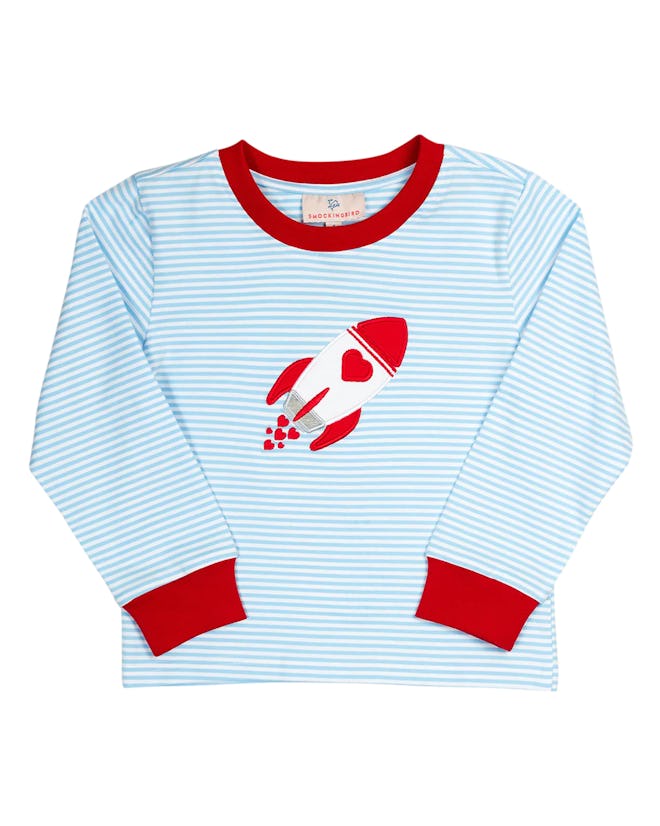 Blue and red rocket valentine's day shirt for baby boys