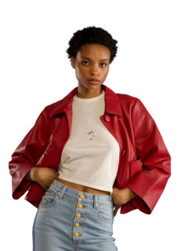 red vegan leather cropped jacket