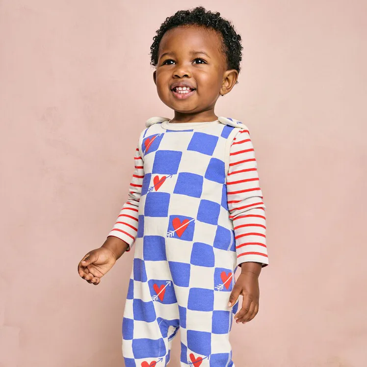 Valentines overall and long sleeve shirt set for baby boys, a perfect first Valentine's Day outfit.