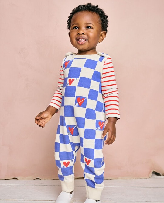 Valentines overall and long sleeve shirt set for baby boys, a perfect first Valentine's Day outfit.