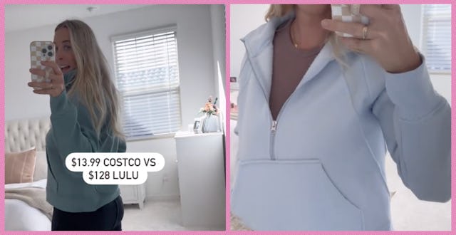 CostcoGuide creator Angela Ackerman shows off a Costco pullover that's a supposed dupe for Lululemon...