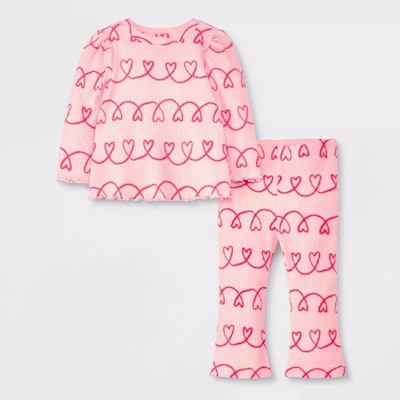 Baby Girls' Heart Cozy Ribbed Top & Bottom Set, a comfy baby's first valentine's day outfit