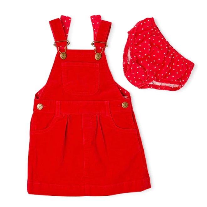 Red Corduroy Dress and bloomers set, the perfect baby's first valentine's day outfit.