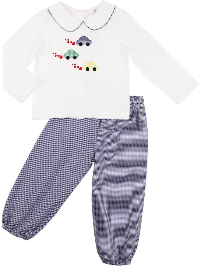 Navy Gingham Applique Valentine Cars Pant Set, a cute baby's first valentine's day outfit for boys