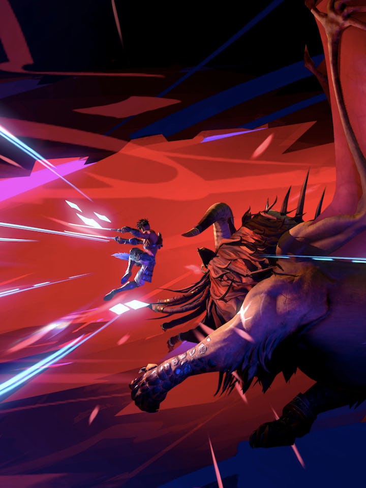 A stylized battle scene with a futuristic warrior dodging energy beams from a large, winged beast ag...