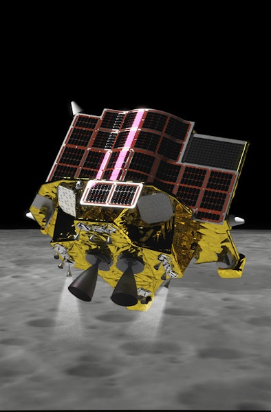 A stout robot fires its boosters gently several kilometers above the Moon's surface. This is an illu...