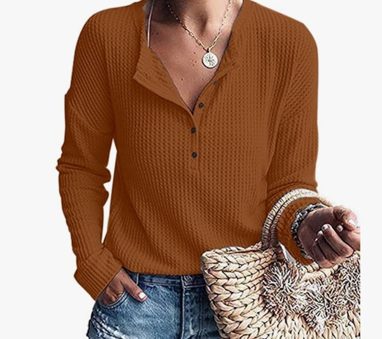 WNEEDU Waffle Knit Tunic Tops Loose Long Sleeve Button Up