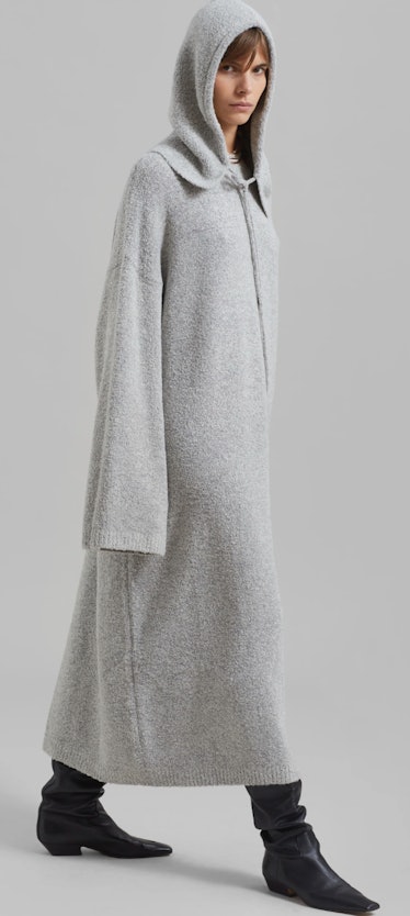 gray long hooded dress