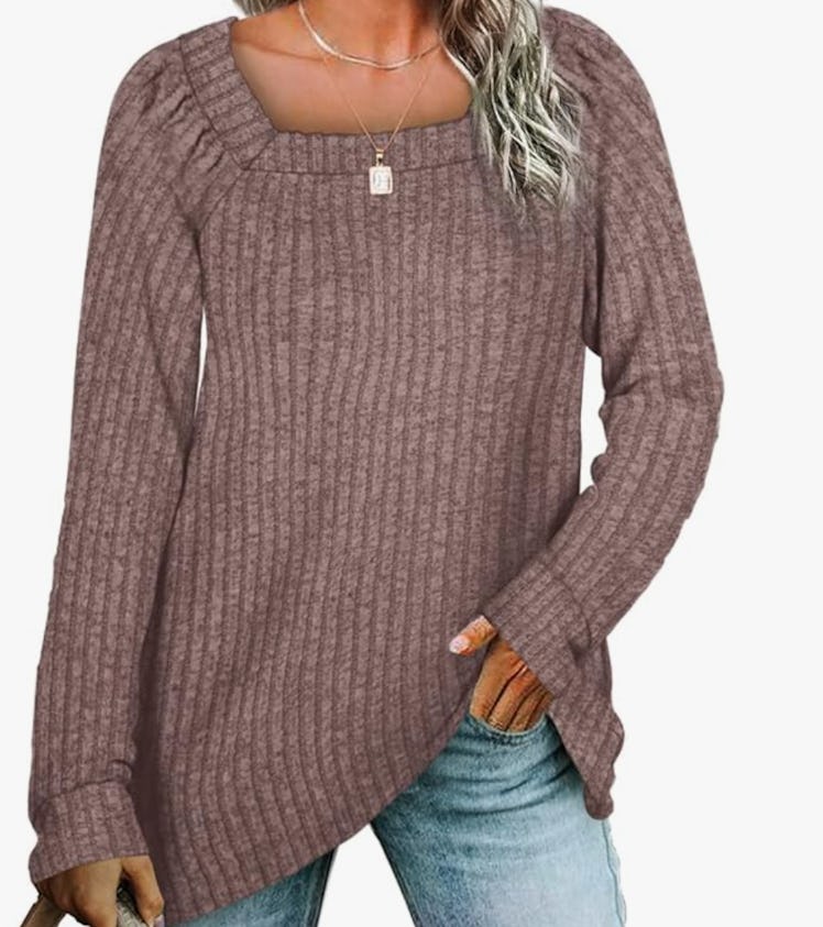 WIHOLL Casual V Neck Puff Sleeve Soft Twist Shirt