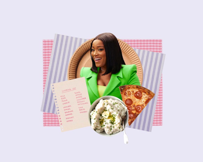 Keke Palmer amid some of her favorite foods, like pizza and mashed potatoes.
