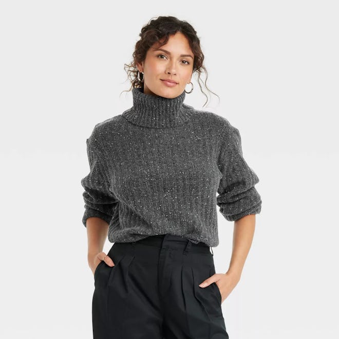 Mock Turtleneck Cashmere-Like Pullover Sweater