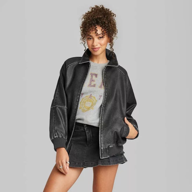 Distressed Faux Leather Bomber Jacket