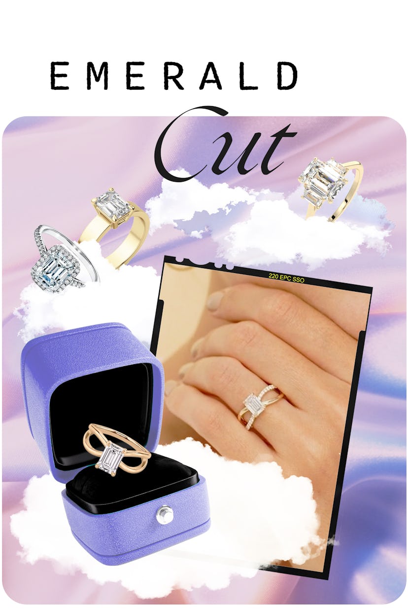 An assortment of emerald cut engagement rings.
