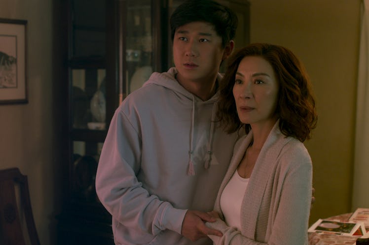 Sam Song Li as Bruce Sun and Michelle Yeoh as Mama Sun in episode 107 of The Brothers Sun.