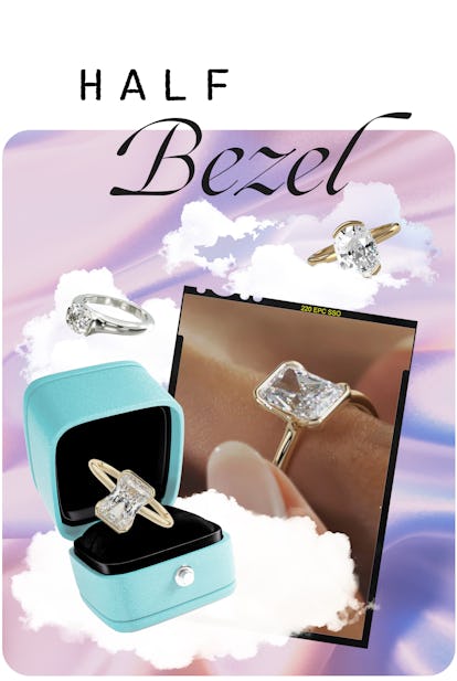 An assortment of engagement rings with half-bezel stones.