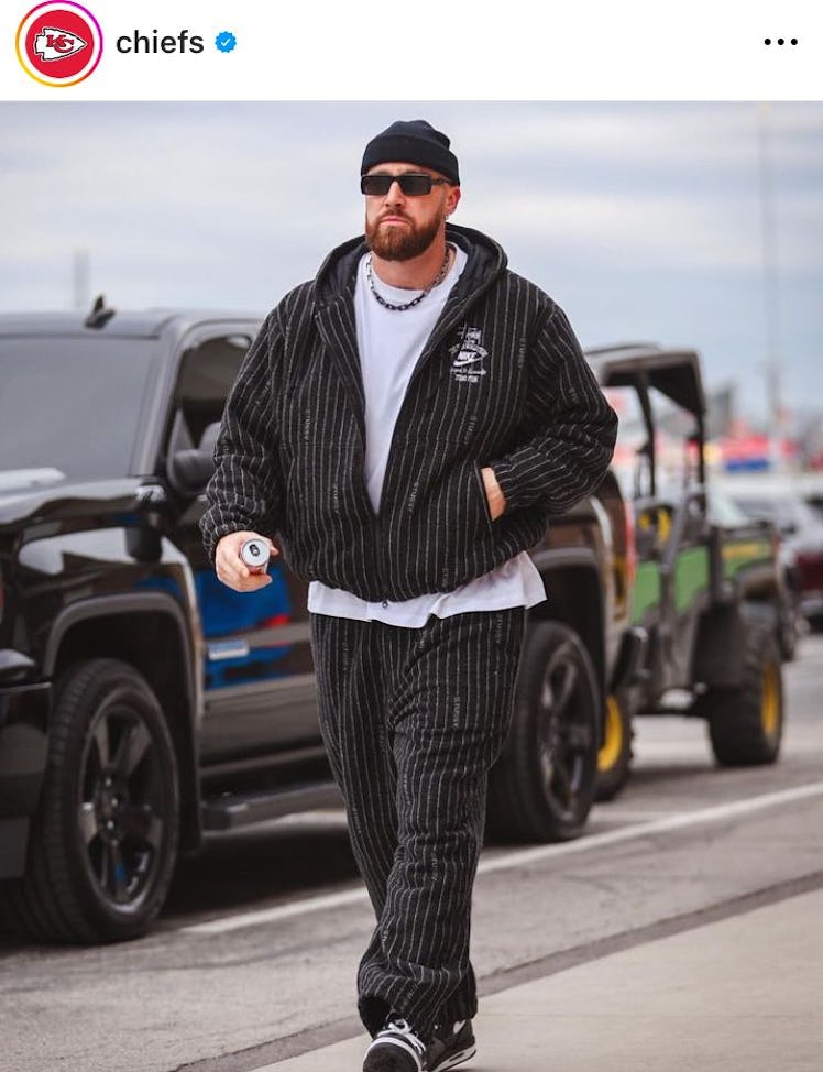 Travis Kelce's game day outfits resemble Taylor Swift albums.