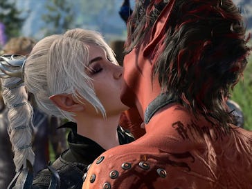 Two fantasy characters sharing a kiss, with a woman with white hair and pointed ears and a man with ...