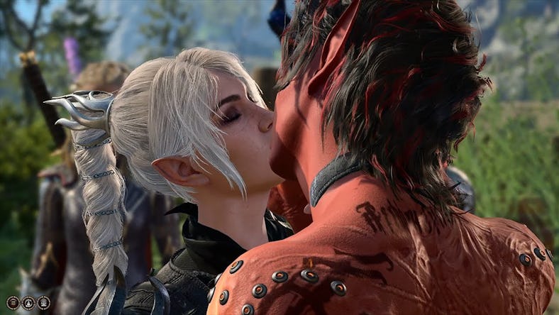 Two fantasy characters sharing a kiss, with a woman with white hair and pointed ears and a man with ...