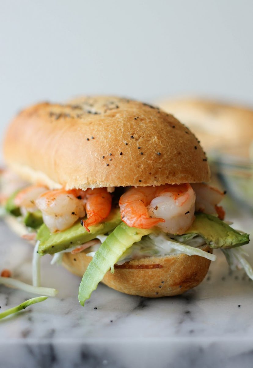 shrimp sandwich with avocado and broccoli slaw