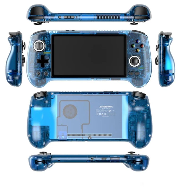 Image of the Anbernic RG556 handheld with transparent blue case from Reddit