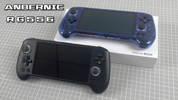 Anbernic's RG556 handheld in transparent blue and black colorways