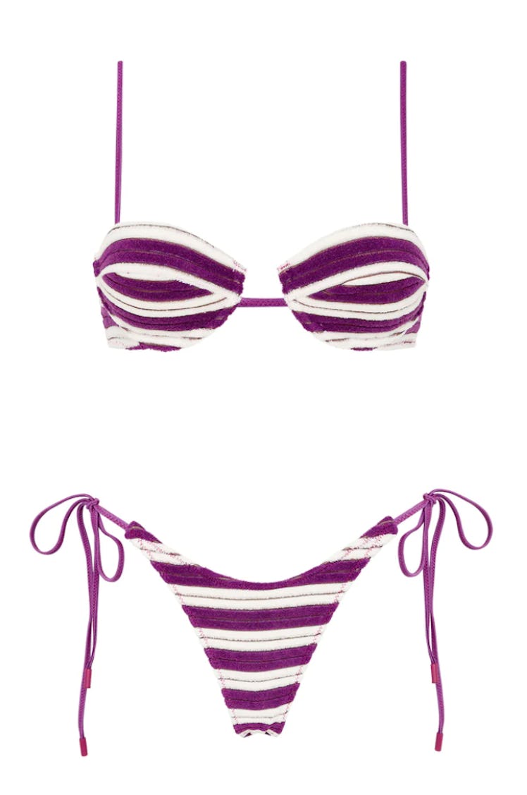 purple and white balconette bra and bottom bikini