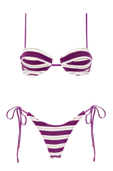 purple and white balconette bra and bottom bikini