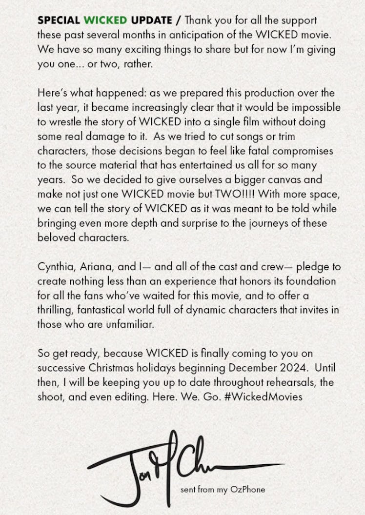 Jon M. Chu's letter about 'Wicked'