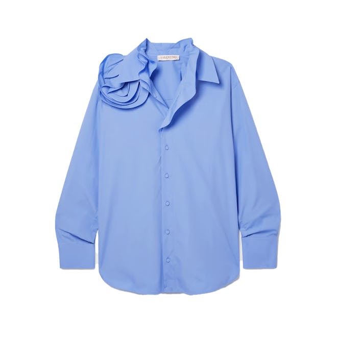 Appliquéd silk-trimmed cotton-poplin shirt