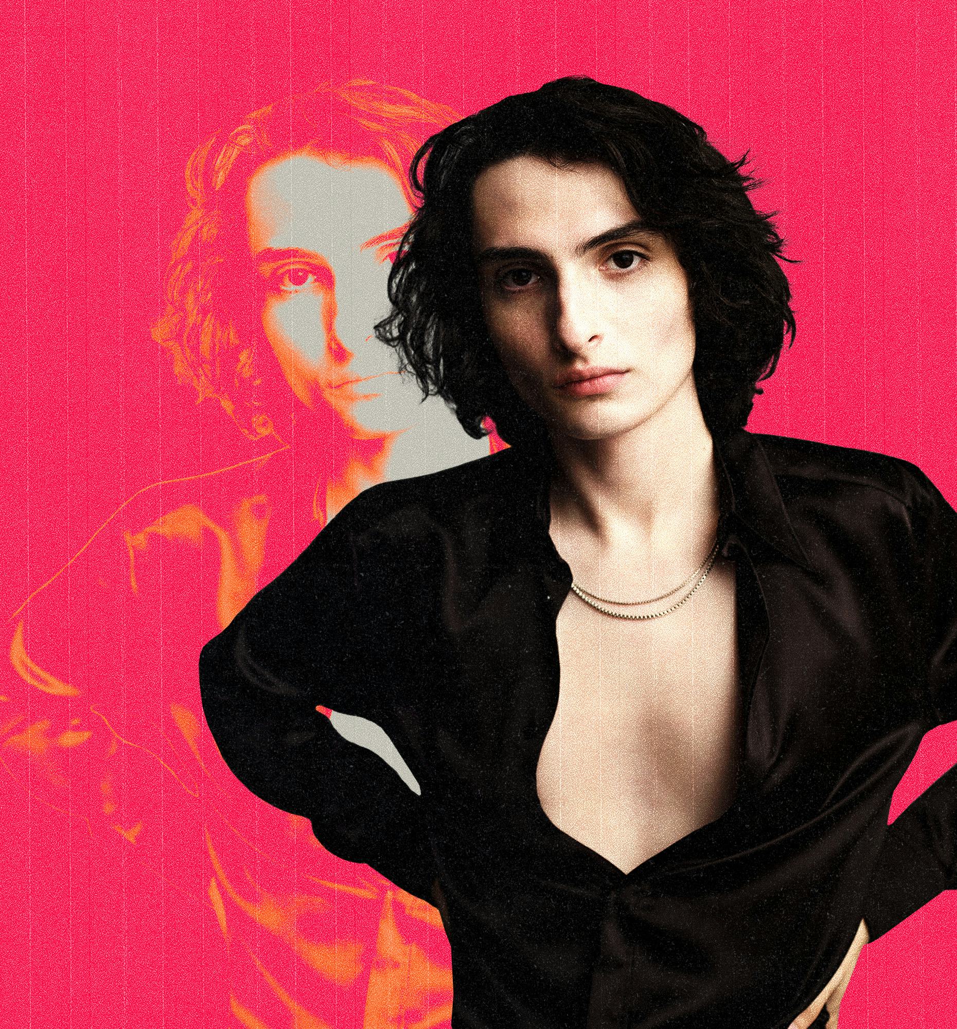 Individual with dark hair and an open black shirt against a pink background with a shadowed profile ...