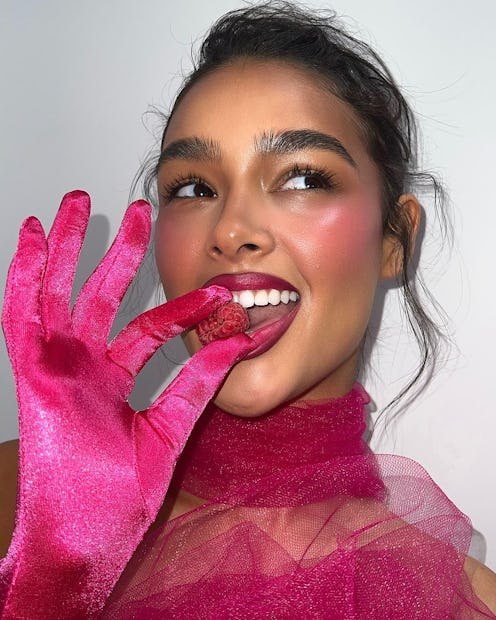 Patrick Ta Beauty model wearing pink blush