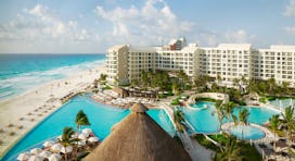 An arial view of the property located right on the beach in Cancún