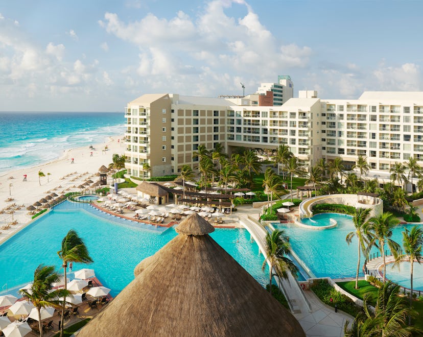 An arial view of the property located right on the beach in Cancún