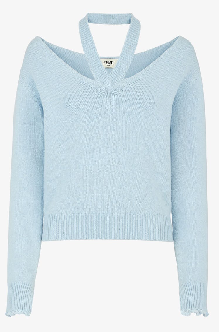 blue cashmere sweater with open neck