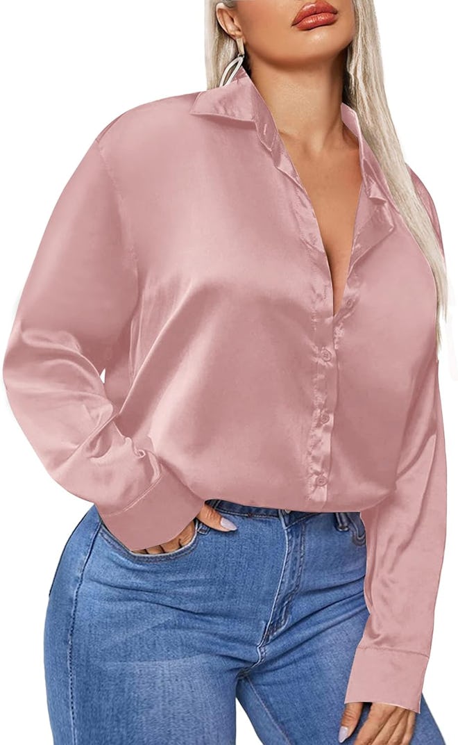 IN'VOLAND Plus Size Satin Button Down